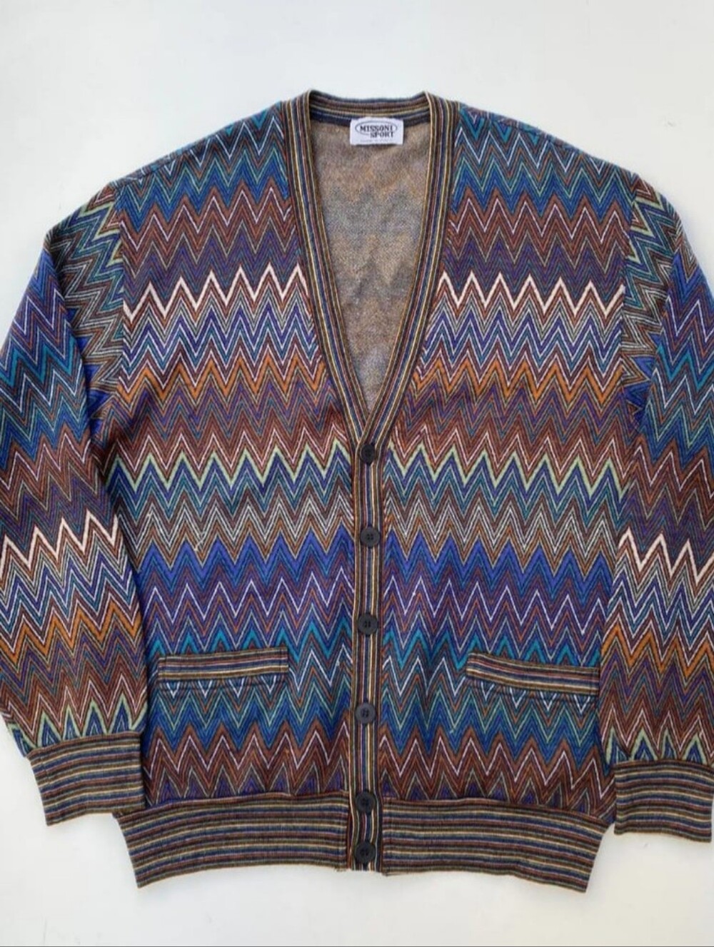 Missoni Multicolor Chevron Knit Cardigan — Blue, Brown, White
